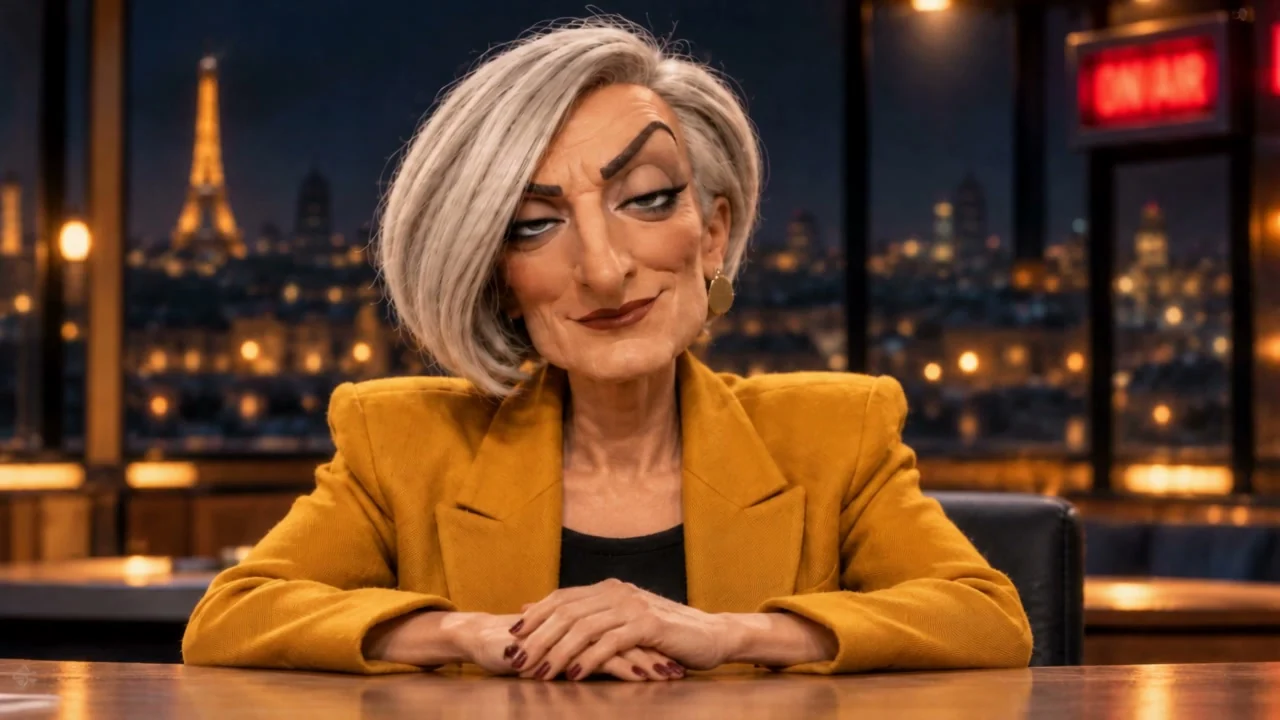 Notre présentatrice en veste moutarde, un sourcil levé, sur le plateau de nuit